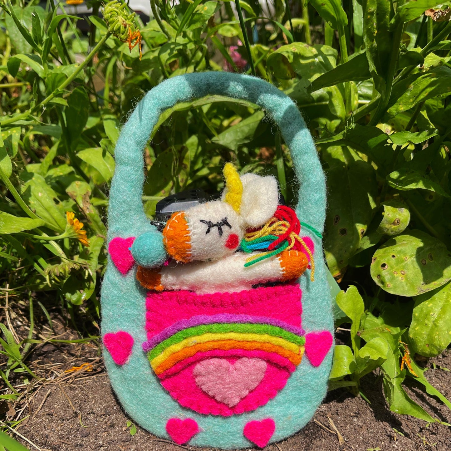Rainbow unicorn puppet bag
